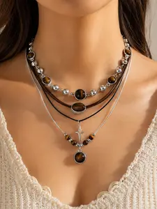 4pcs Brown Stone Layered Necklace Set, Boho Choker Beach Jewelry for Women