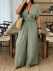 Elegant Women's Deep V Neck Long Jumpsuit, Army, Perfect for Casual & Formal Wear, Comfortable Fit Design
