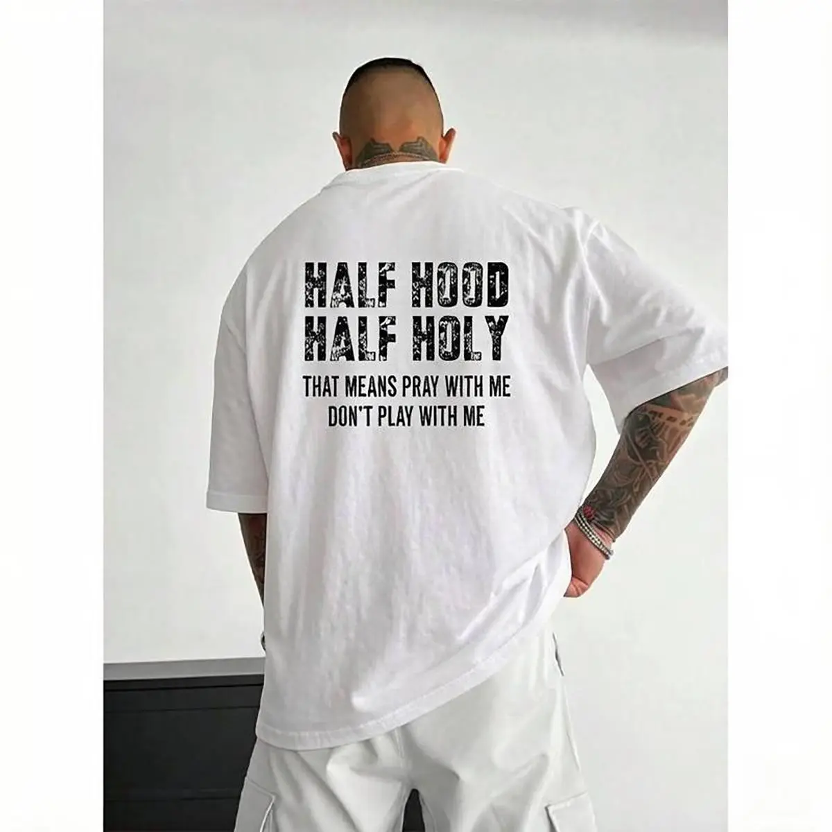 Men's Half Hood-Half Holy Graphic T-Shirt - Unisex Casual Day Top, Relaxed Fit, Soft 100% Cotton Vibe Tshirt, Made in USA