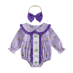 Carnival Baby Girls 2 Piece Outfits Long Sleeve Doll Collar Bow Embroidery Plaid Jumpsuit and Bow Headband Sister Matching Set