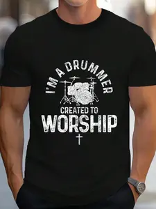 100% Cotton Drummer Created To Worship Drums Christian Drummer Gift T-Shirt Women's Men's Graphic Tee Crew Neck summer vacation Tops