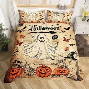 Cute Ghost Duvet Cover Set for Kids Boys Girls,Pumpkin Lantern Sugar Skull Bedding Set,Halloween Bat Spider Web Comforter Cover Teens Vintage Brown Rustic Quilt Cover Bedroom Decor
