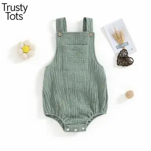 Trusty Tots  Baby Cotton Linen Suspender Overalls, Solid Color Sleeveless Square Neck Romper Outfit for Boys Girls months Premium knit Baby Romper