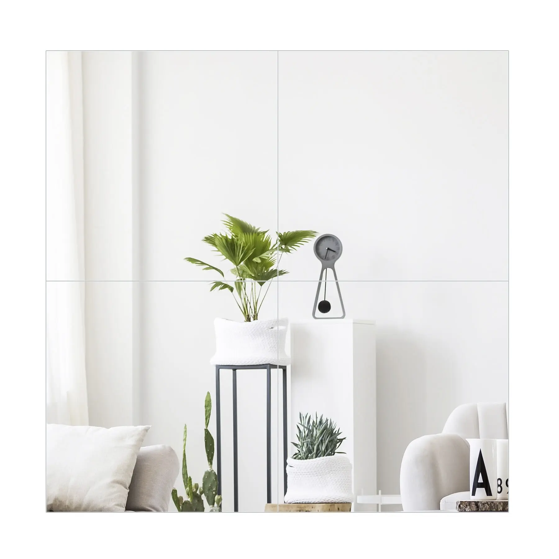 Segawe Unframed 4-Piece 13.8x13.8" Square Full Wall Glass Mirror Set - Wooden Backing, Double-Sided Adhesives, Smooth DIY Room Decor for Living Room, Bedroom, Four Pieces