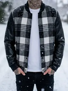 Men's PU Leather Patchwork Plaid Jacket, Baseball Collar Casual Biker Leather Jacket, In-Stock Local. Menswear