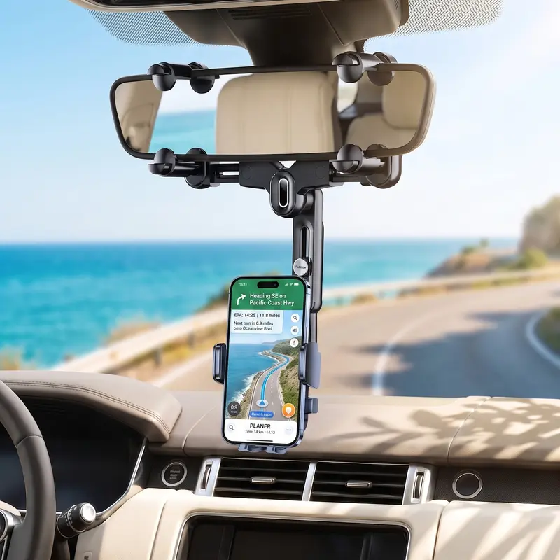 7th Gen Rearview Mirror Phone Mount - Adjustable Car Accessories Auto Gadget with Telescoping Arm, 180° Rotation, 4-Clamp Secure Hold, 1-Hand Lock, Fits Most Cars & 4-7in Phones, Rearview Mirror Mounts & Holders Automotive Interior Accessory