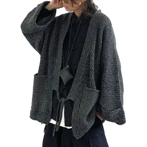 Unisex Japanese Knit Stylish Noragi Kimono Sweater Loose Cardigan Kimono Jacket with Drawstring