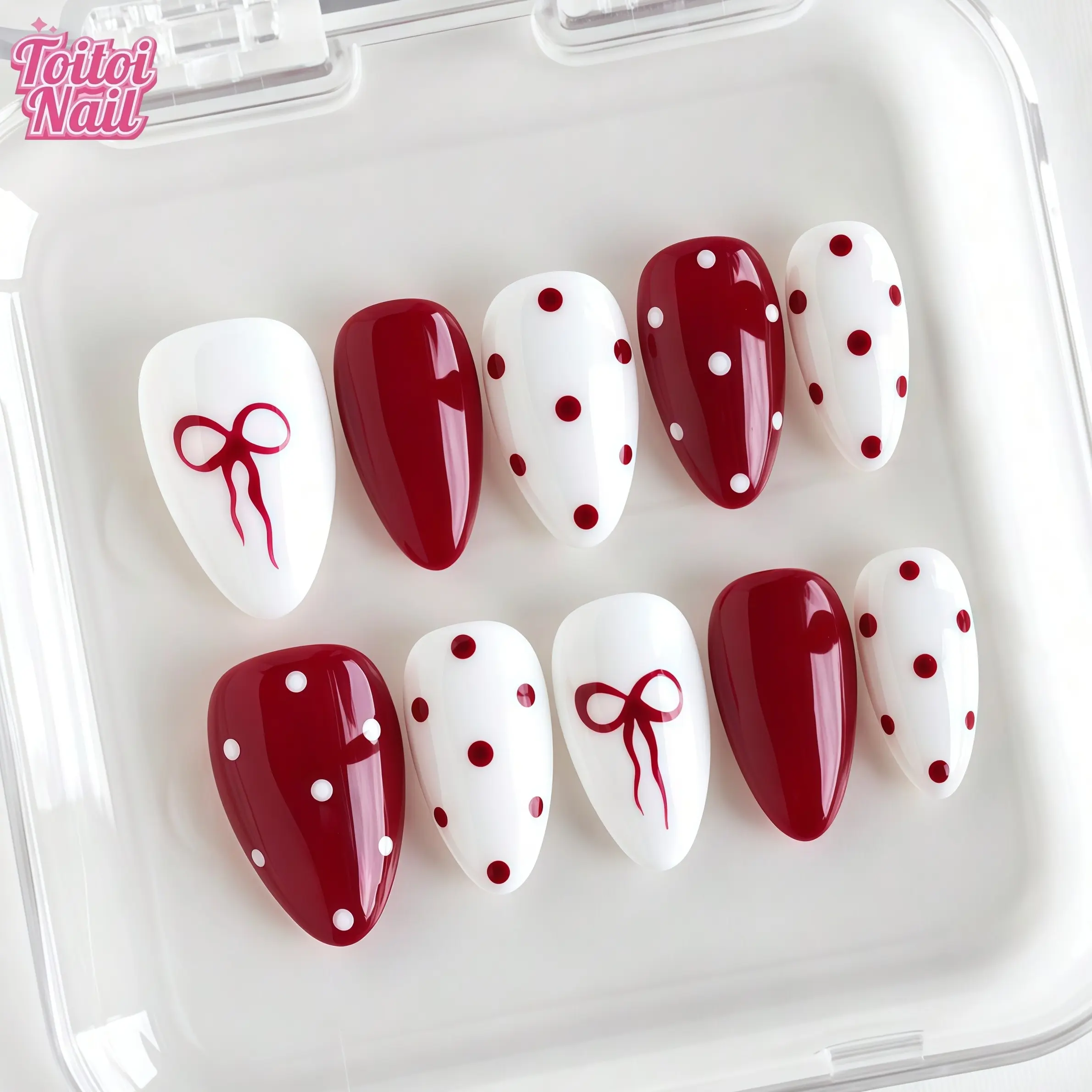 10pcs Handmade Short Almond Press-On Nails, Handmade Press Ons, Nail Decoration, Decorative Nails, Red & White Polka Dot with Bow Accents, Sweet Cute Style, Glossy Finish, Comfortable Fit, Easy To Apply & Remove, Reusable, Ideal for Daily Wear