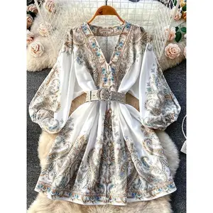 Elegant V-neck retro lantern sleeve mini dress, suitable for women's spring and autumn fashionRAIMENTRY