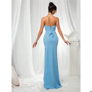 Blue strapless slit elegant women's evening gown
