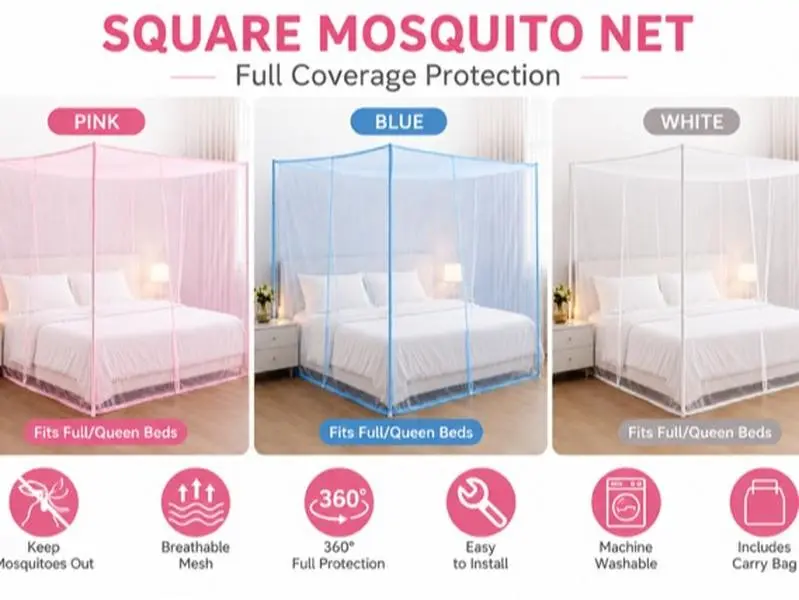 3PCS Square Bed Mosquito Net Set – Full Coverage Canopy, Breathable Mesh, Easy Installation, Indoor & Outdoor Use