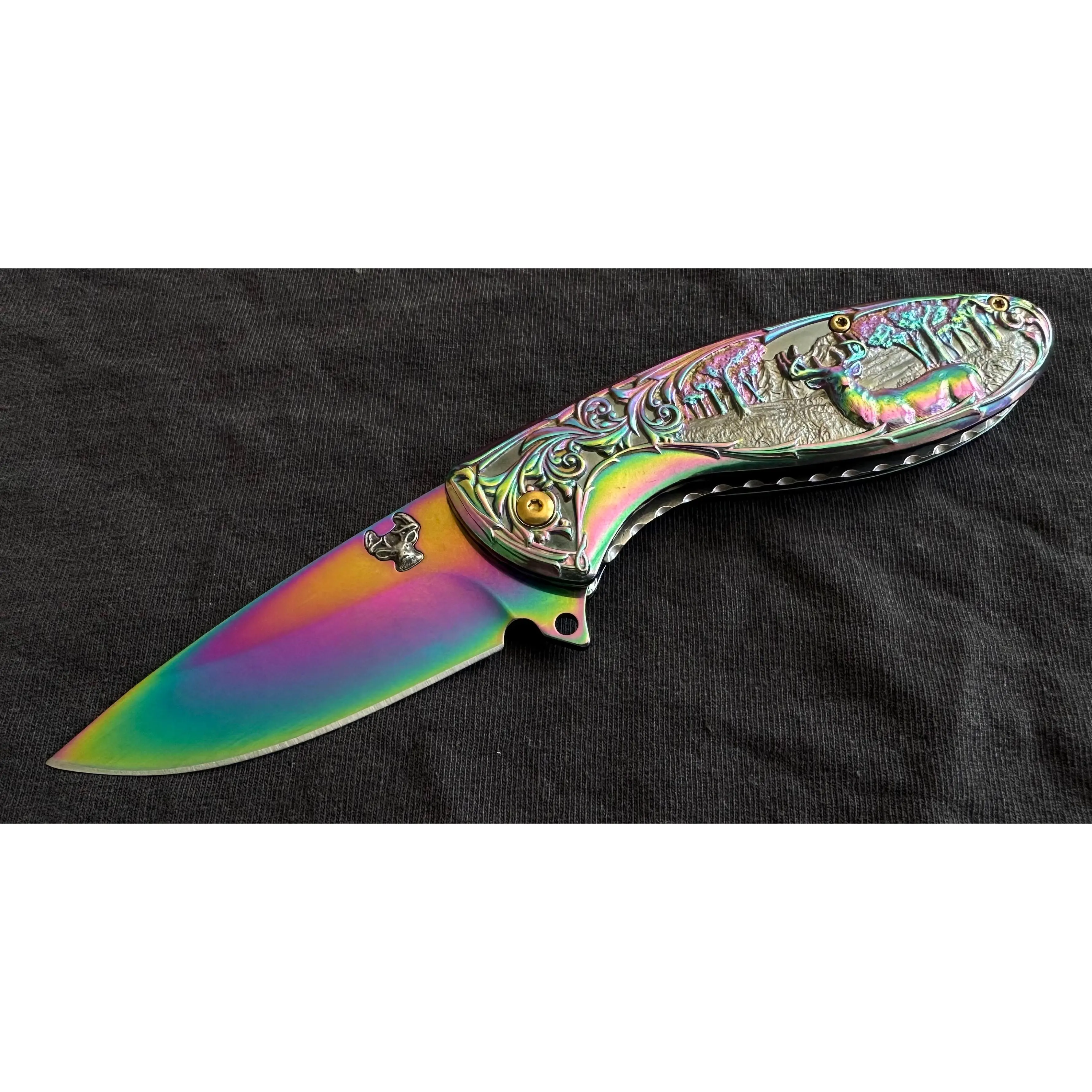 Deer Pocket Knife Metal Handle Rainbow Design Sharp Pocket Clip EDC Full Size Spring Assisted 8 Inches Overall
