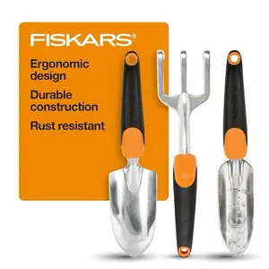 Fiskars 3-in-1 Garden Tool Set with Polished Cast-Aluminum Heads, Heavy-Duty Trowel, Transplanter & Cultivator, Non-Slip SoftGrip Handle, Rust Resistant