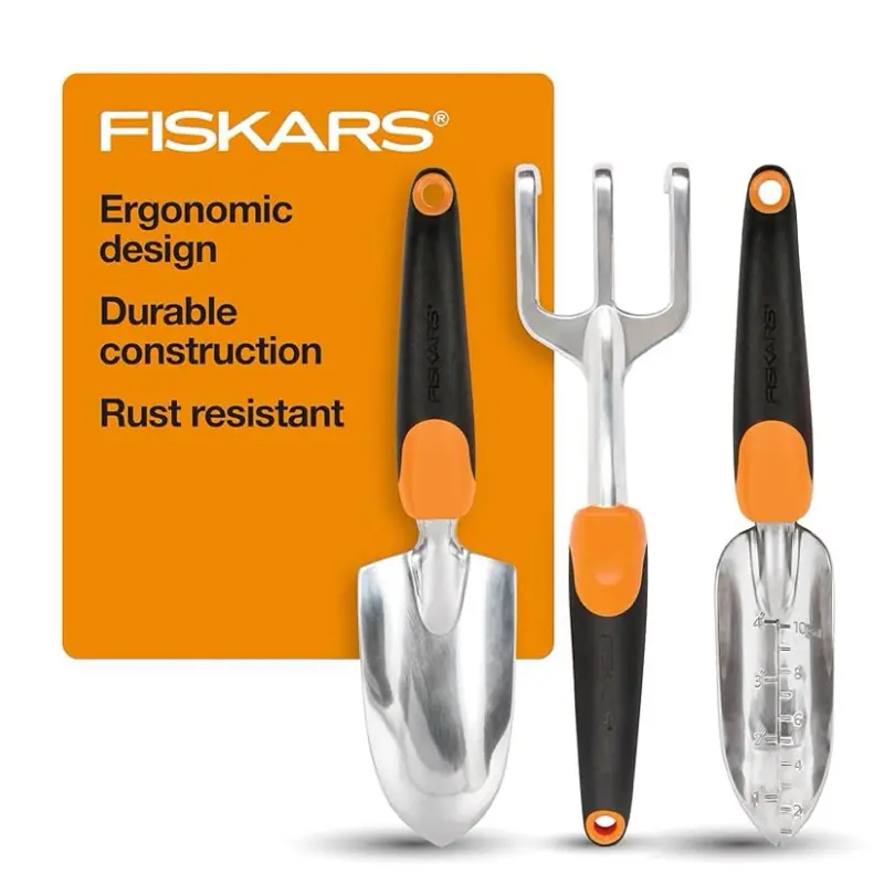 Fiskars 3-in-1 Garden Tool Set with Polished Cast-Aluminum Heads, Heavy-Duty Trowel, Transplanter & Cultivator, Non-Slip SoftGrip Handle, Rust Resistant