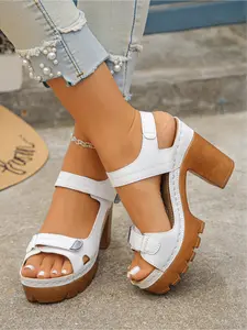 Summer New Multicolor European Style Chunky Heel Thick Sole Sandals for Women, Hollow Out Buckle Platform High Heels Large Size, Elegant