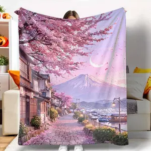Japanese Sakura Street View Flannel Blanket Cherry Blossom and Mount Fuji Scenic Print Soft Cozy Lightweight Warm Plush Throw for Bedroom Living Room Sofa Travel Gift Decor tiktokshopspringglowup