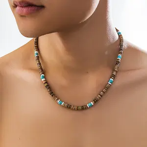 Boho Style Surfer Wood Bead Turquoise Necklace Men's Hip Hop Niche Coconut Shell Collarbone Chain Jewelry Accessory Beach Men Necklace Sandy Retro Style Studends Trending