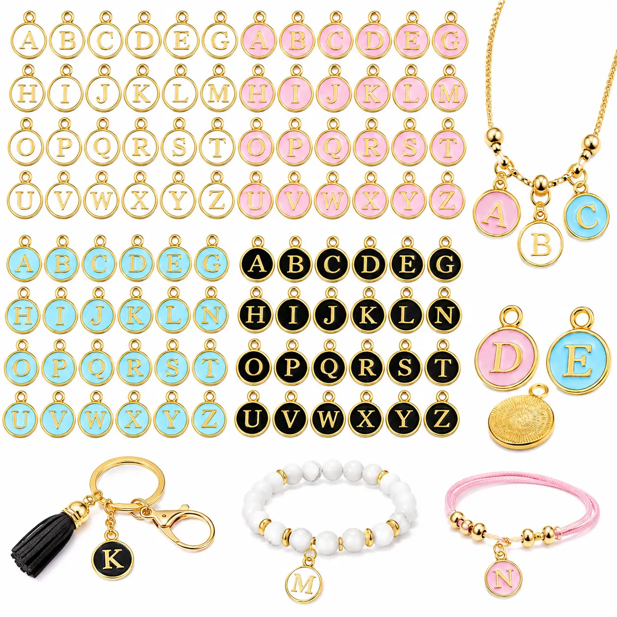 104 Letter Shape Charms - Minimalist Plated Metallic Base Pendants with 4-6mm Jump Rings, Double-Side Engrav 3D Engraving, 4 Complete A-Z Alphabets for DIY Crafts, Beginners Unisex Jewelry Making