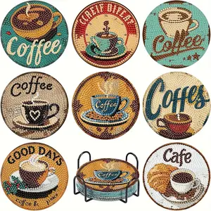 Coffee Diamond Painting Coaster Set, 8 Coffee Diamond Art Coasters, Handmade Craft Kit, Adult Diamond Art Kit, Diamond Painting