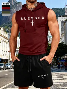 "Blessed" Religious Slogan Set - Men's 2-Piece Sleeveless Graphic Hoodie & Shorts Minimal Faith-Based Set