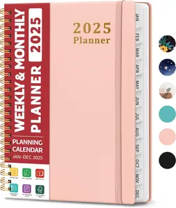 2025 Planner - Weekly and Monthly Spiral Bound Calendar Planner with Tabs, Inner Pocket, A5 Size (6.3" x 8.5"), Pink Hardcover