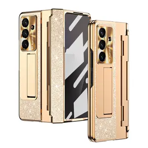 Light luxury glitter plated phone case suitable for Samsung Galaxy Z Fold 7/6/5/4/3 with tempered glass film zfold 7 with bracket zfold 6 protective hinge zfold 5 shell film integrated zfold 4/zfold 3 folding phone case