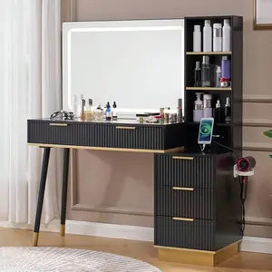 48 Inch Fluted Vanity Desk With Large Mirror And Adjustable LED Lights, Modern Makeup Table With 5 Drawers, 3 Display Shelves, Glass Top And Built-In Charging Station For Bedroom Or Dressing Room, Black