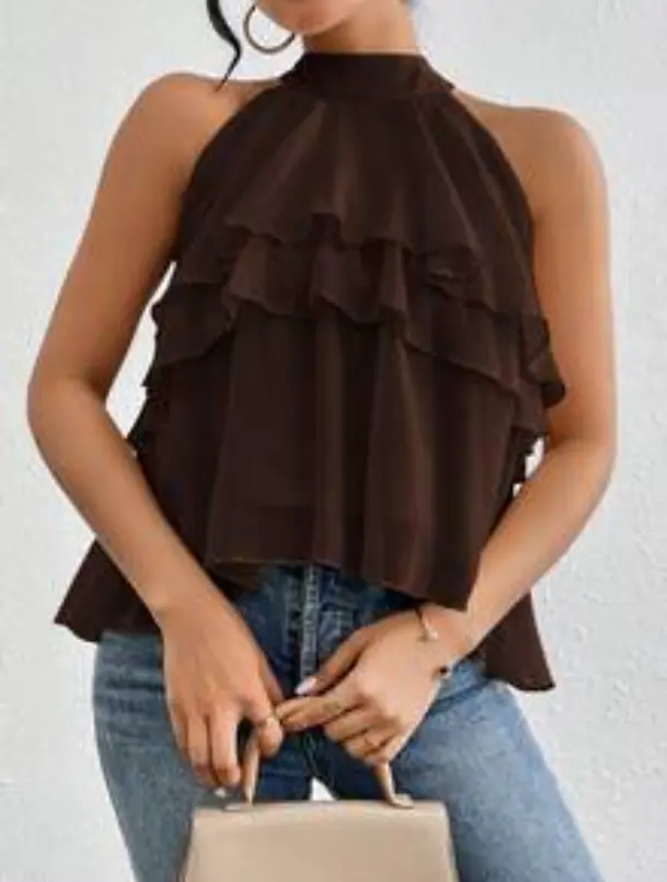 Dark Brown Loose Neck Ruffle Asymmetrical Chiffon Blouse Ruffled Top For Summer Banquet