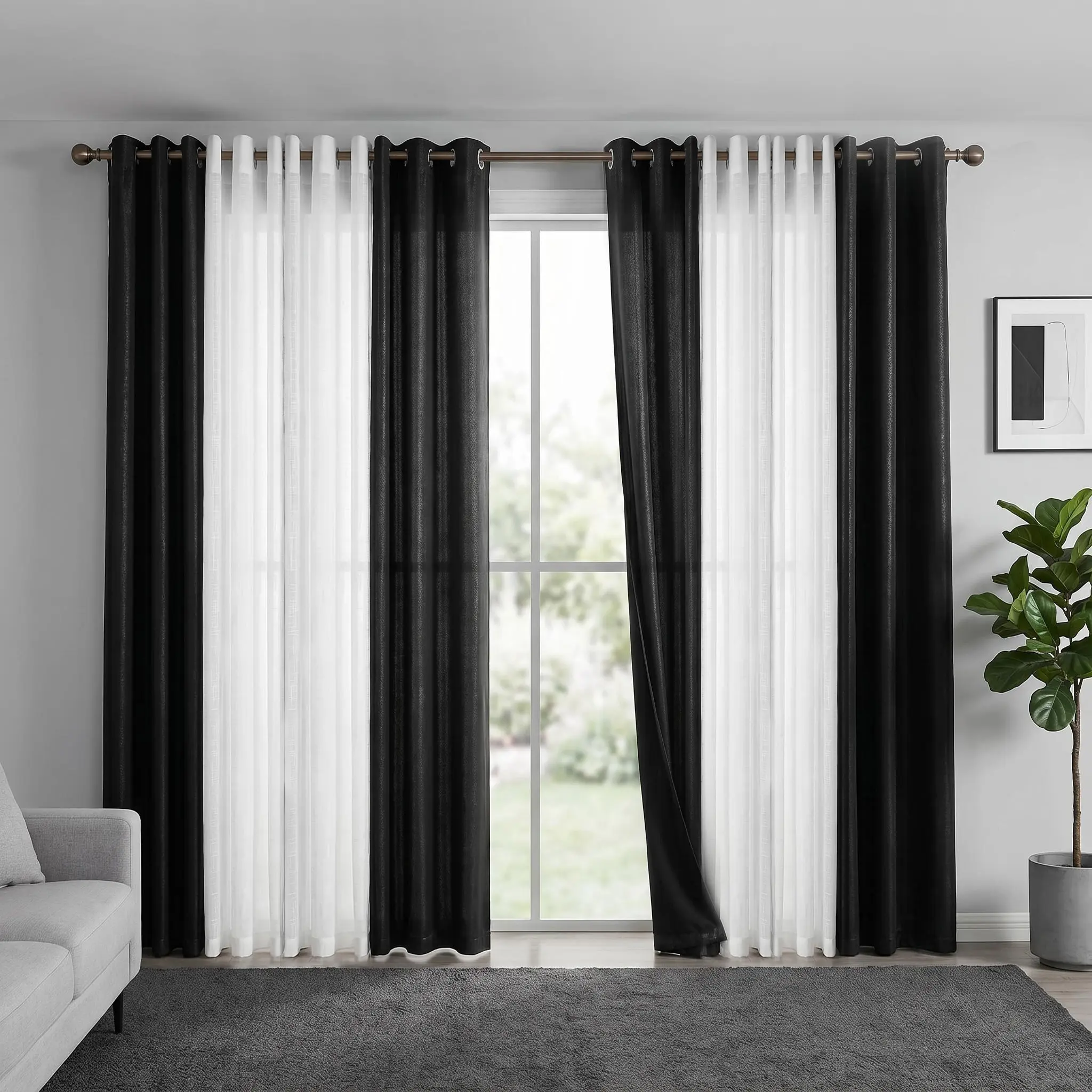 Grommet Curtains 8-Piece 34x84 in Set - 4 2-Tone Cationic Panels, 4 Bamboo Gauze Yarn Panels, Mixed Texture Polyester Fits Blackout Drapes for Bedroom Inspo Home Decor (L18, L12)