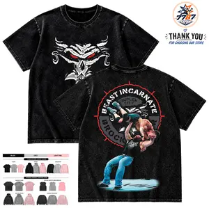 7787 Shop Menswear Brock Lesnar Suplex City Wrestling Graphic Washed T-Shirt Vintage Streetwear Oversized Casual Apparel