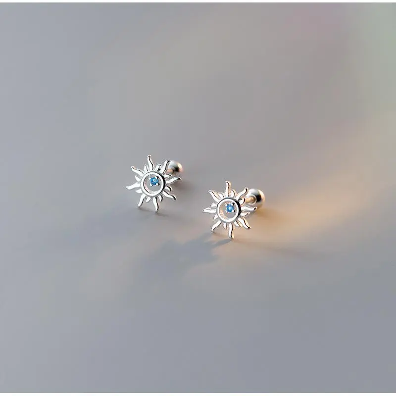 925 Sterling Silver Blue Zircon Sun Small Stud Earrings For Women Piercing Wedding Luxury Jewelry  Jewellery Money 925