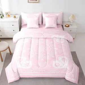 European Luxurious 7 Piece Comforter Sets,Pink Paisley Floral Comforter & Sheet Sets,Bohemian Style Bed in a Bag