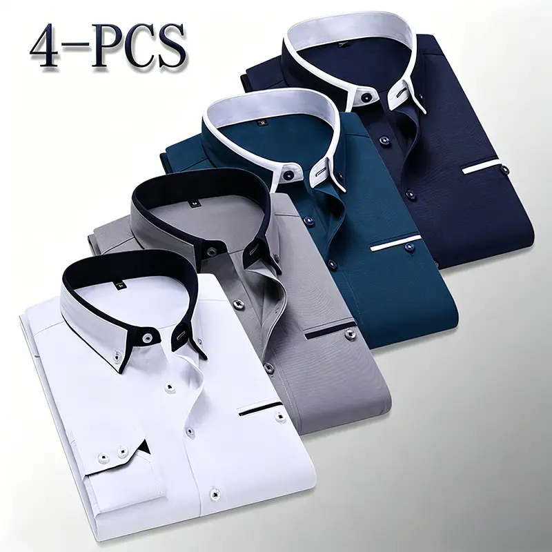 Men’s 4-Pack Slim-Fit Wrinkle-Free Oxford Button-Down Long-Sleeve Dress Shirts - Year-Round Plain Tops for Business, Casual (White, Gray, Dark Blue, Diamond Blue)