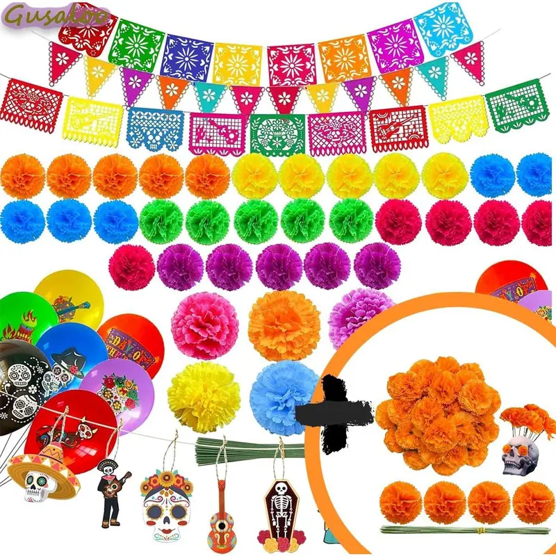 Marigold Flower Banners 250pcs Mexican Decor Kit Artificial Marigold Flowers for Day of The Dead Diwali Home DIY Party Papel Picado Ofrenda Decoration For Altar Halloween Dia De Los Muertos Colorful