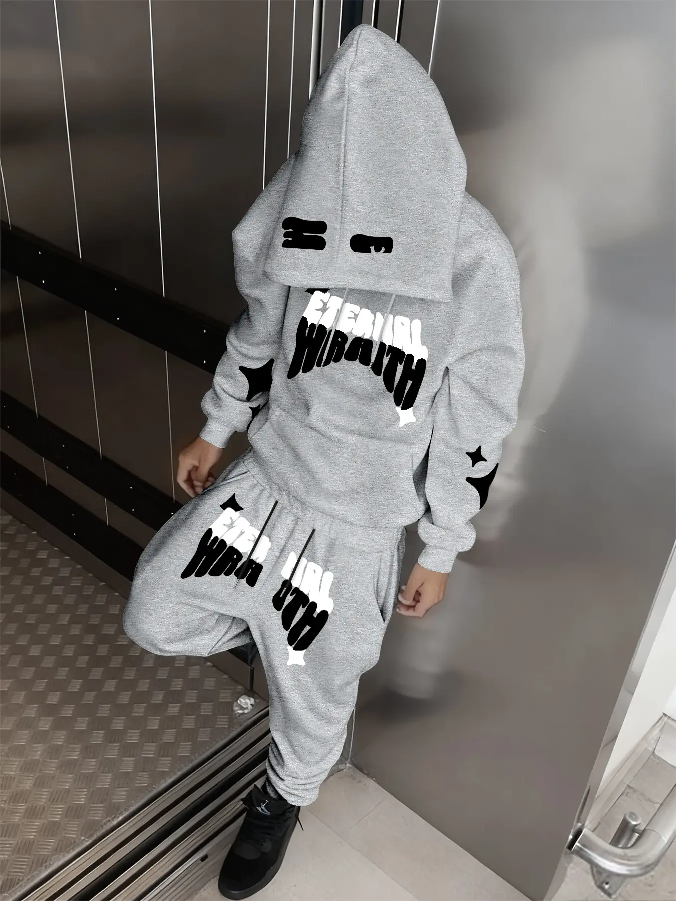 2 Piece Men's Casual Hoodie and Drawstring Waist Sweatpants Set, Stylish Letter Print Star Pattern, Long Sleeve Comfortable for Outdoor Activities, Track Pants Set