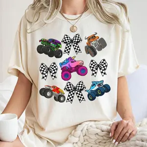 New Monster Truck And Bows T-Shirt, Checkered Coquette Monster Jam Tee, Unicorn, Trendy Girly Streetwear, Monster Truck Mama Gift, Shark Truck Graphic Top, Unisex, Cotton, Comfort, Fast Shipping	