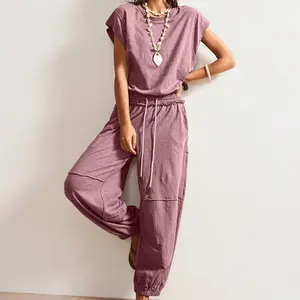 Tanming Women's Casual Sleeveless One Piece Jumpsuits Crewneck Cap Sleeve Drawstring Romper One Piece Outfits with Pockets