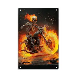Flaming Skull Motorcycle Rider Vintage Metal Sign Print Aesthetic Room Decoration for Home Bedroom Kitchen Bar Dorm Bathroom Wall Decor 8 X 12 Inch