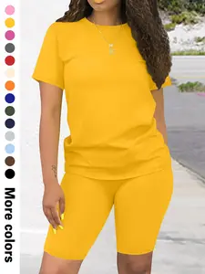 Women's Summer 2-Piece Set, Fashion Casual Two-Piece Plain Short Sleeve Top + Tight Shorts, Fitted Short Pants, Spring & Fall
