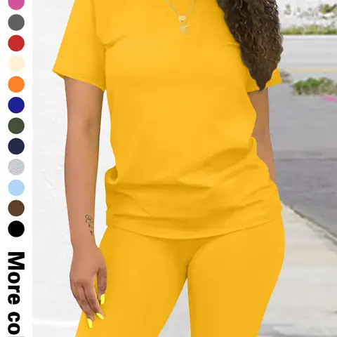 Women's Summer 2-Piece Set, Fashion Casual Two-Piece Suits Plain Short Sleeve Top + Tight Shorts, Fitted Short Pants, Spring & Fall, Clothes
