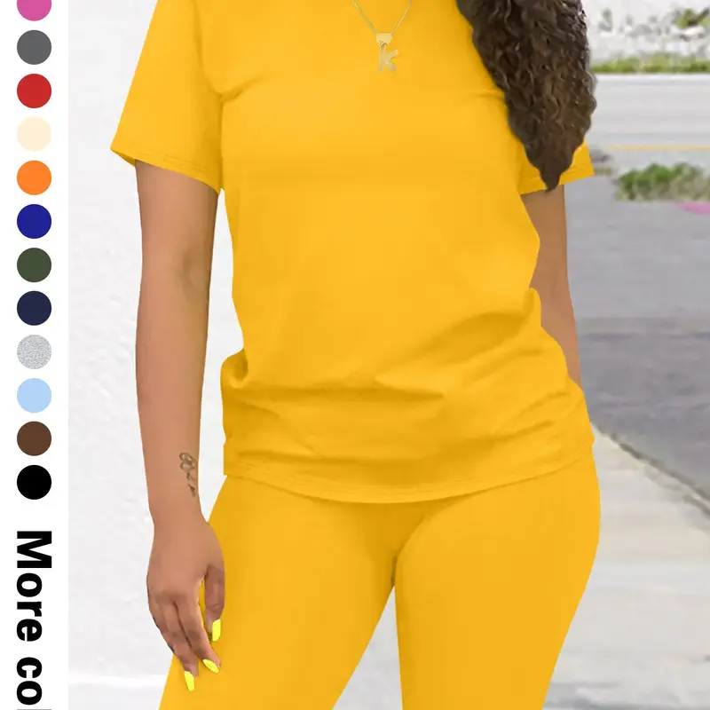Women's Summer 2-Piece Set, Fashion Casual Two-Piece Suits Plain Short Sleeve Top + Tight Shorts, Fitted Short Pants, Spring & Fall, Clothes