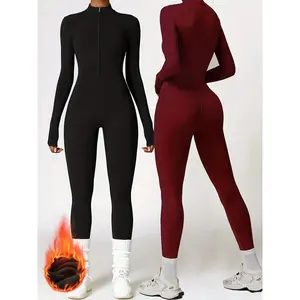 2pcs Winter Warm Tight Bodysuit Zip-Up Long Sleeve Yoga Jumpsuit-Intensity Fitness Cycling Dance Skiing Bodysuit, Dance Wear, Highintensity Workout, Seamless Design, Athletic Wear, Quickdry, Breathable Material