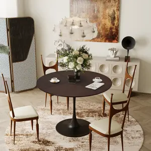 【GOOGREAT】42.13"Modern Round Dining Table,Four Patchwork Tabletops with Brown Oak  Color Solid Wood Veneer Table Top,Metal Base Dining Table, End Table Leisure Coffee Table