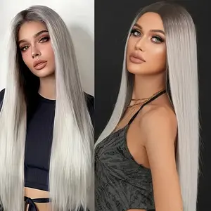 Woolook 30 Inch Women's Long Straight Ombre Grey Wig With Dark Roots High Density 130% Heat Resistant Synthetic Ash Wig For Daily & Party Use Rose Net Cap