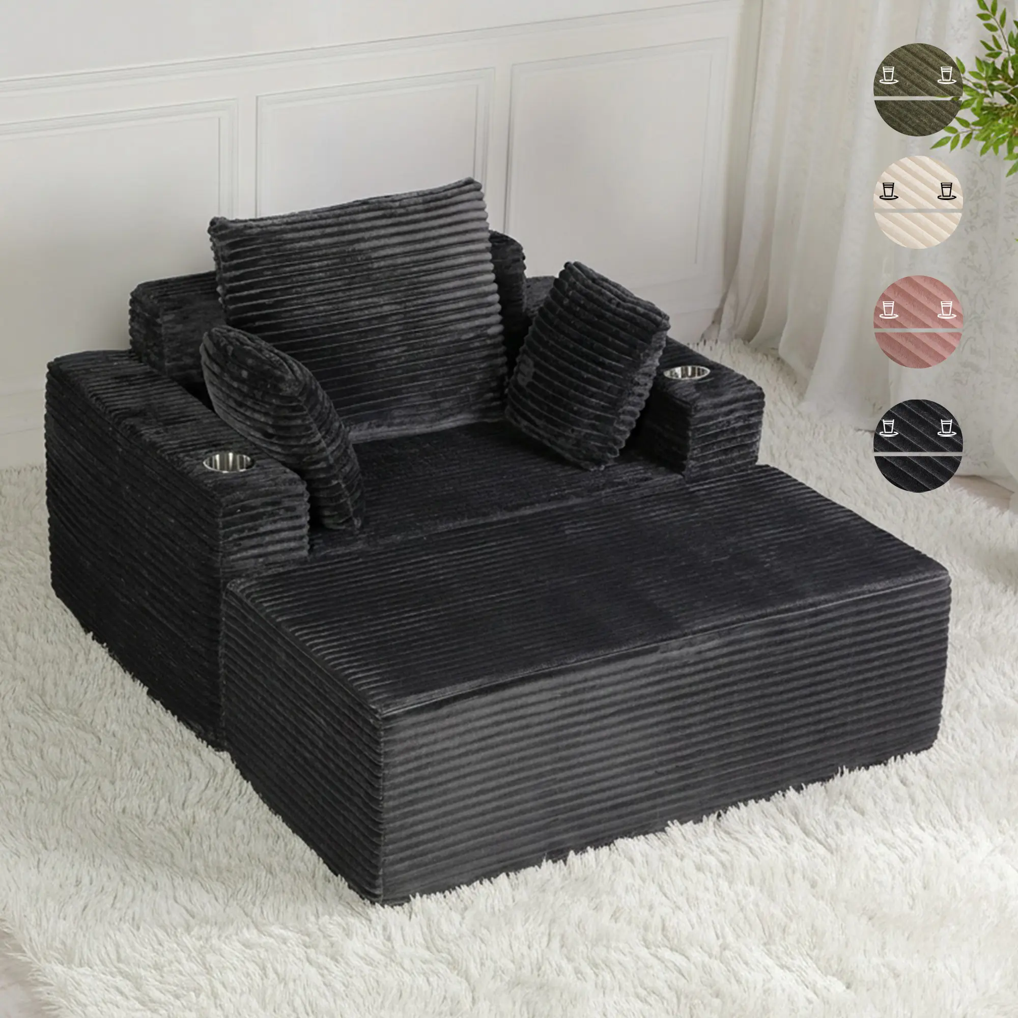 SOUTTEE 54" Boneless Chaise Lounge, Upholstered Sofa Bed with Cup Holder and Side Pockets, Indoor Leisure Lounge Chair, Luxury Plush Corduroy Chair Bed for Living Room, No Assembly Required