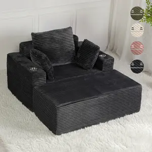 QAK 54" Boneless Chaise Lounge, Upholstered Sofa Bed with Cup Holder and Side Pockets, Indoor Leisure Lounge Chair, Luxury Plush Corduroy Chair Bed for Living Room, No Assembly Required