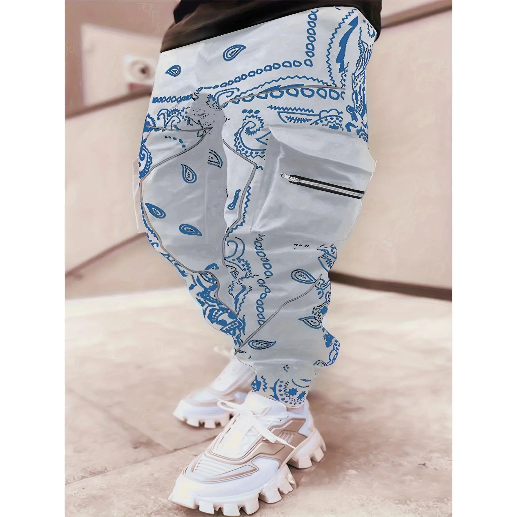 [Multi Pocket Loose Cargo Pants] Paisley Multi Pocket Drawstring Loose Cargo Pants, Men's Casual Street Style Cargo Joggers For Spring Summer Outdoor