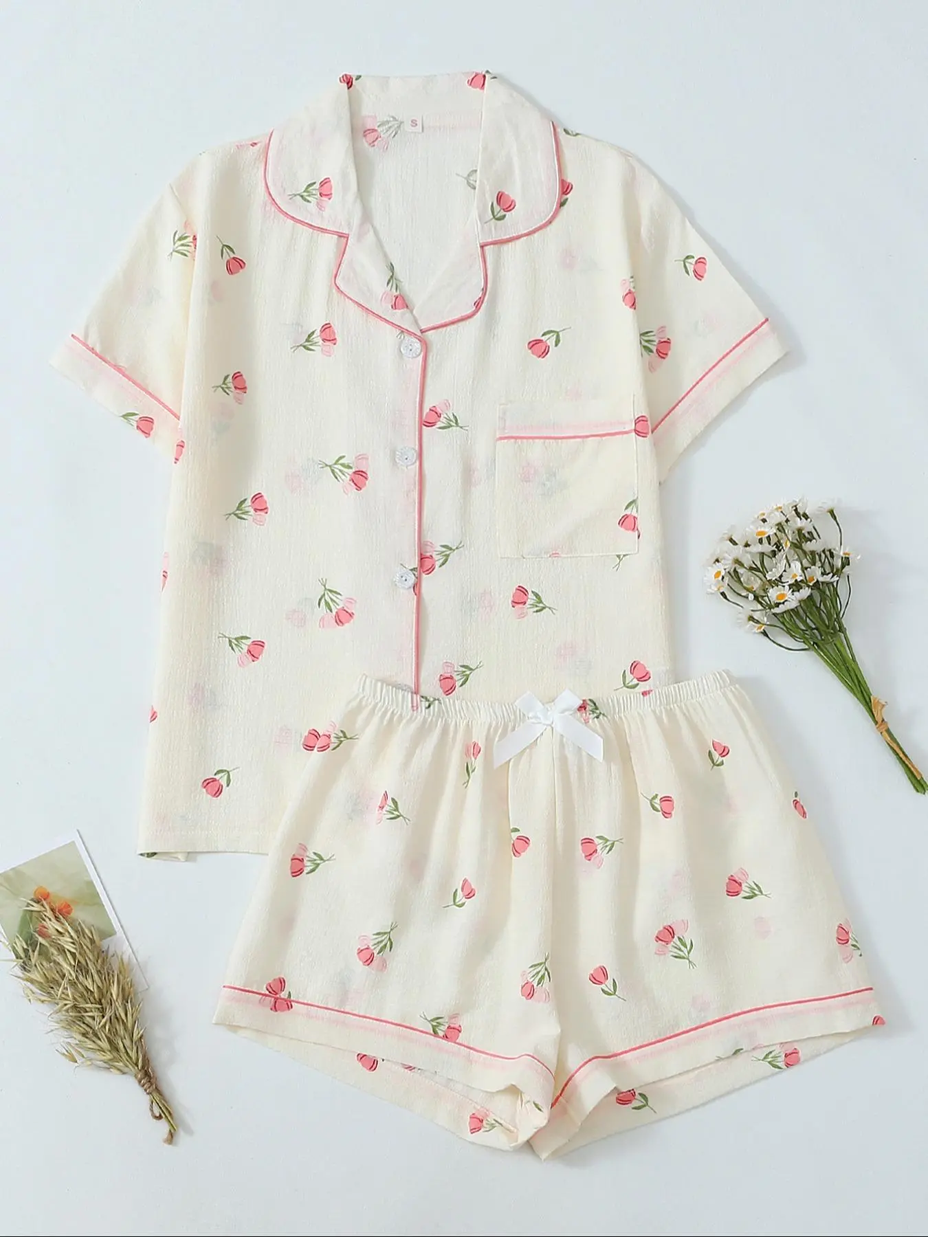 Women's Floral Print Crop Shirt & Shorts Pyjama, Casual Comfy Short Sleeve Collared Top & Shorts PJ Set, Ladies Sleepwear for Summer, Loungewear, Pajamas, Pajama Sets, Womenswear