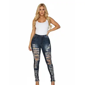 Women's High Waisted Ripped Jeans Distressed Skinny Denim Pants Frayed Hem Stretchy Trousers