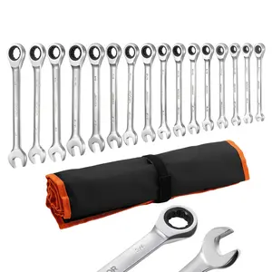 fathersdaygift VEVOR Combination Wrench Set, 16-Piece SAE Sizes, 72 Teeth, Cr-V Steel Ratcheting Wrench Set, with Roll Up Pouch, Open End, Clear Size Labels, for General Household and Automotive Repairs, Silver